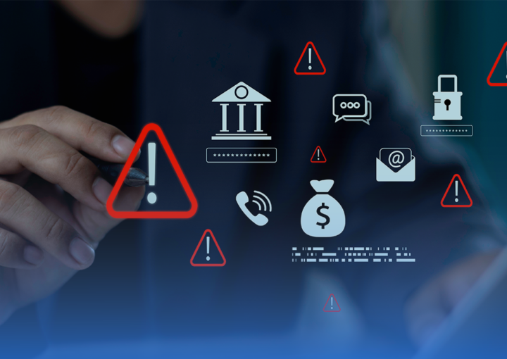 Imagem com tons azuis em que a mão de um profissional interage com ícones representando alertas para golpes financeiros.